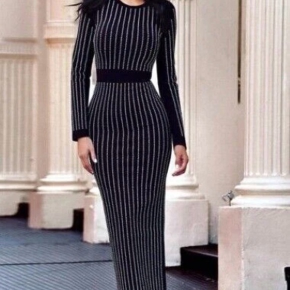 Dresses & Skirts - Black Ribbed Maxi Bodycon Dress with Vertical Gemstone Stripes Sz 6